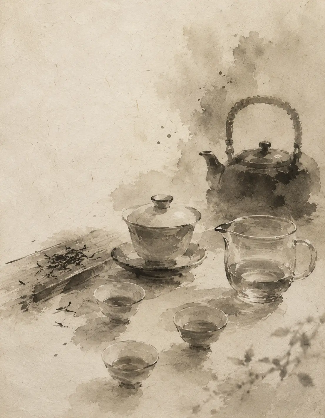 Ink wash illustration of traditional gongfu cha tea setup