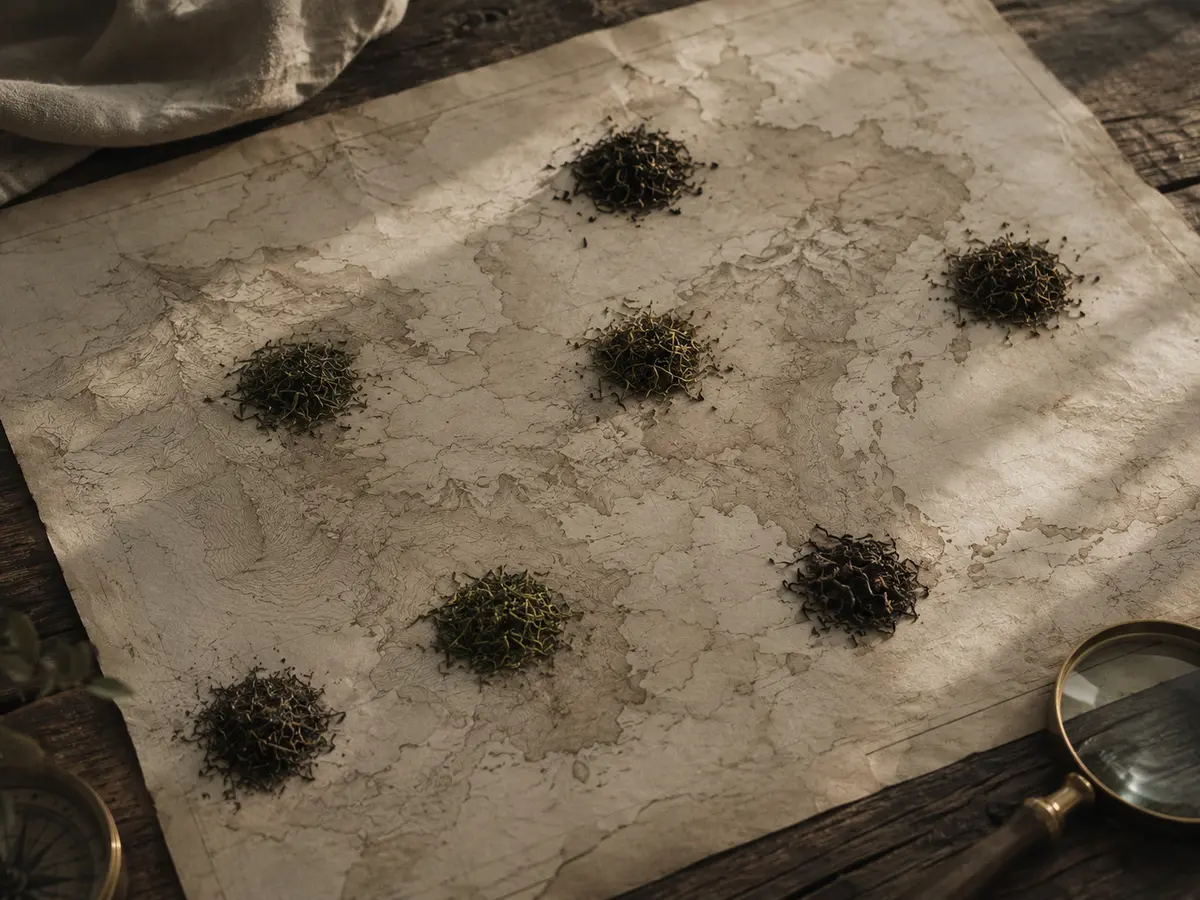 Tea-growing regions of Asia mapped by elevation and terroir character — Yunnan, Fujian, Wuyi, Taiwan, and Southeast Asian highlands