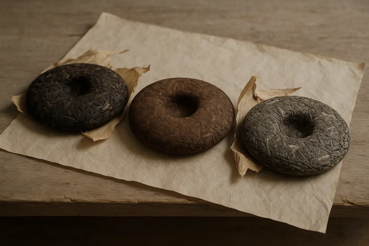 Three pu-erh tea cakes at different aging stages arranged on parchment, showing varied textures from wet and dry storage conditions