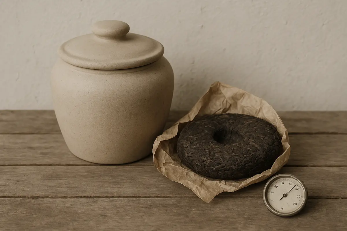 Open plastic pumidor storage bin holding stacked wrapped pu-erh cakes alongside a digital hygrometer on a warm wooden surface