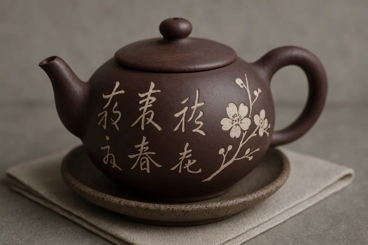Finished Jian Shui teapot with polished burnished surface showing white calligraphy and plum blossom inlay on red-purple clay