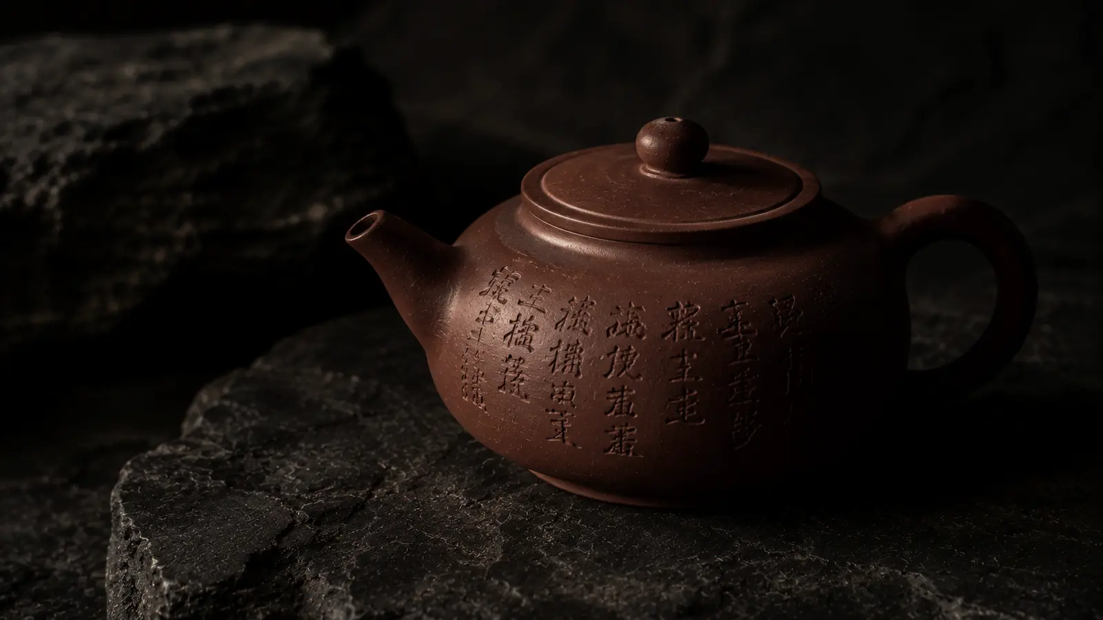 Polished Jian Shui purple clay teapot with inlaid calligraphy, showcasing burnished surface and carved artistry in warm light.