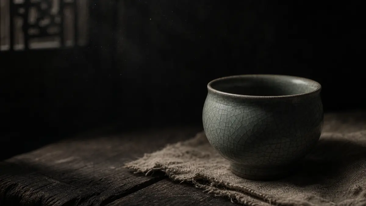 Dark atmospheric editorial photograph of a Korean celadon teacup resting on aged dark wood surface, low natural light en