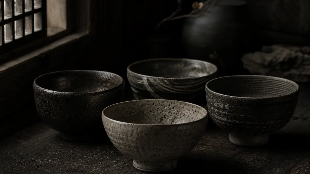 dark atmospheric editorial tea photograph, four Korean ceramic tea bowls arranged on aged dark wood surface, each bowl d