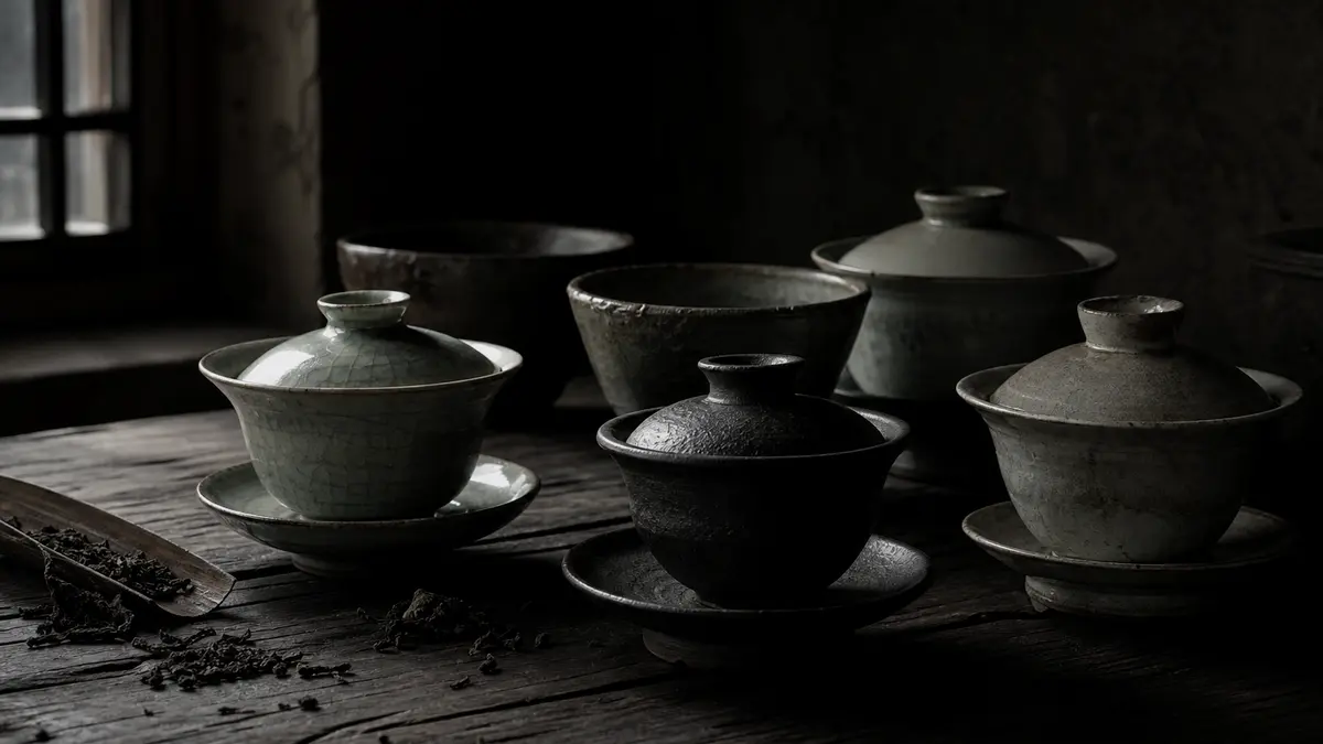 Dark atmospheric editorial tea photograph, a collection of handcrafted Korean gaewan vessels arranged on aged dark wood