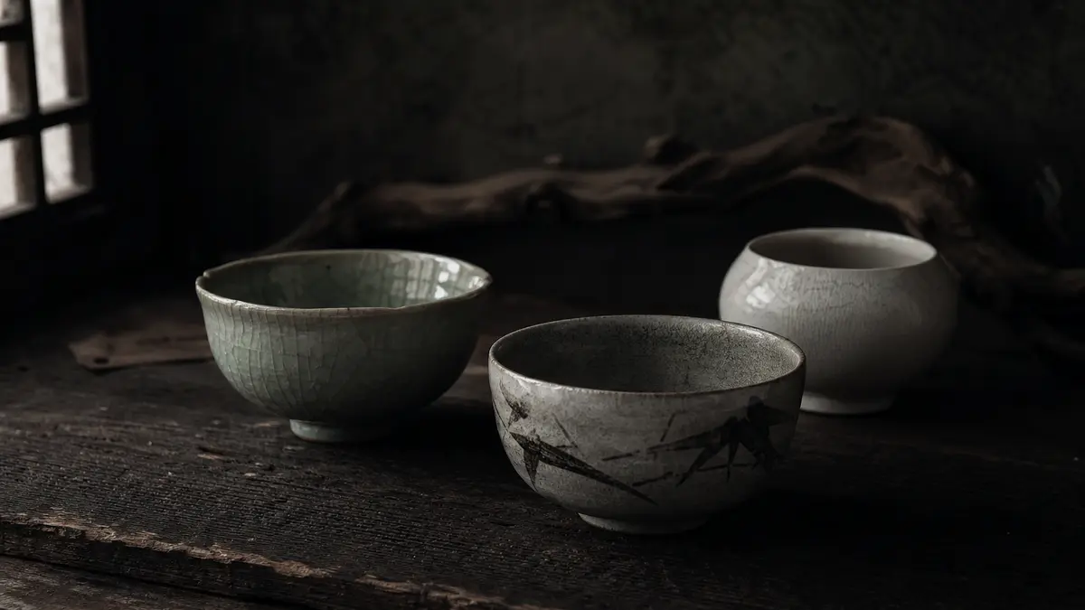 Dark atmospheric editorial tea photograph, three distinct Korean ceramic tea bowls arranged on an aged dark wood surface