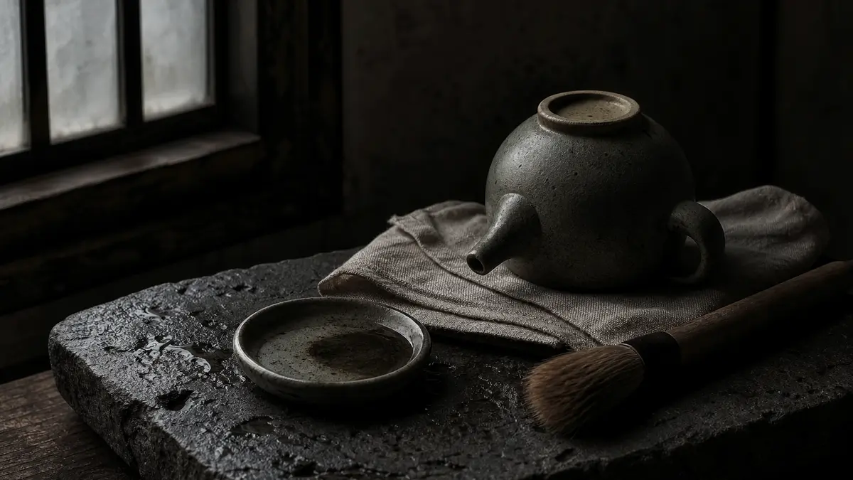 Dark atmospheric editorial tea photograph, a Korean ceramic teapot resting upside down on a linen cloth to dry beside a 