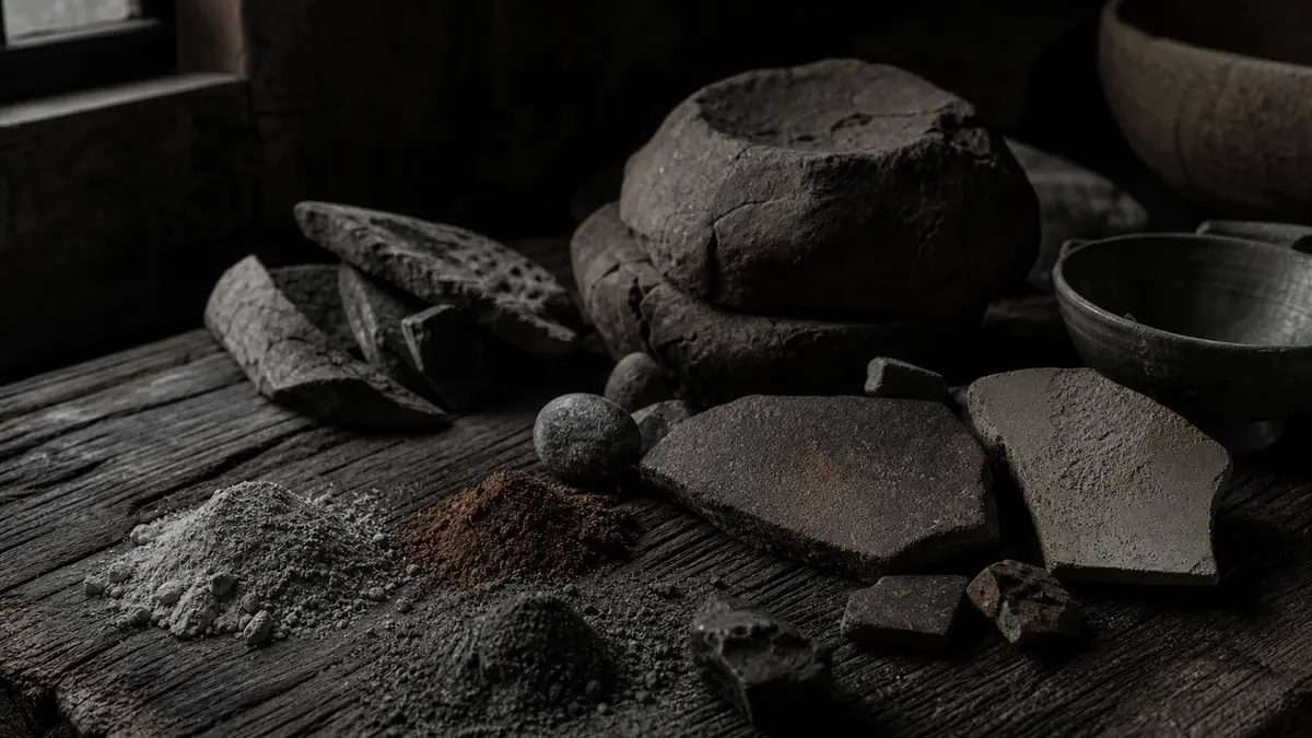 Dark atmospheric editorial photograph of raw Korean pottery clay bodies and mineral glaze materials, rough unglazed ston