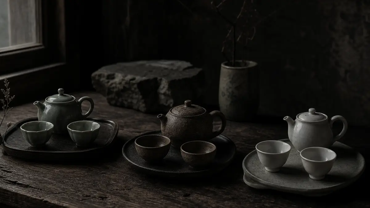 dark atmospheric editorial photograph of three distinct Korean tea sets arranged on aged dark wood surface, each set sub