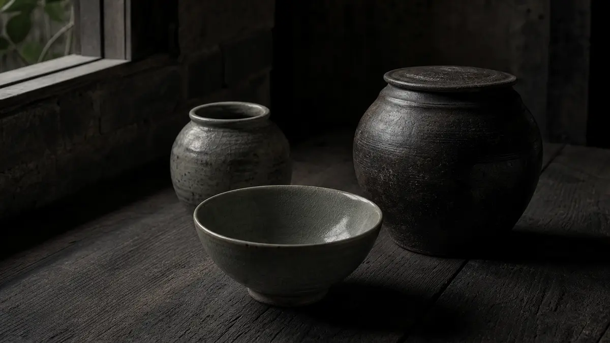 dark atmospheric editorial tea photograph, three weathered Korean ceramic tea vessels arranged on aged dark wood surface