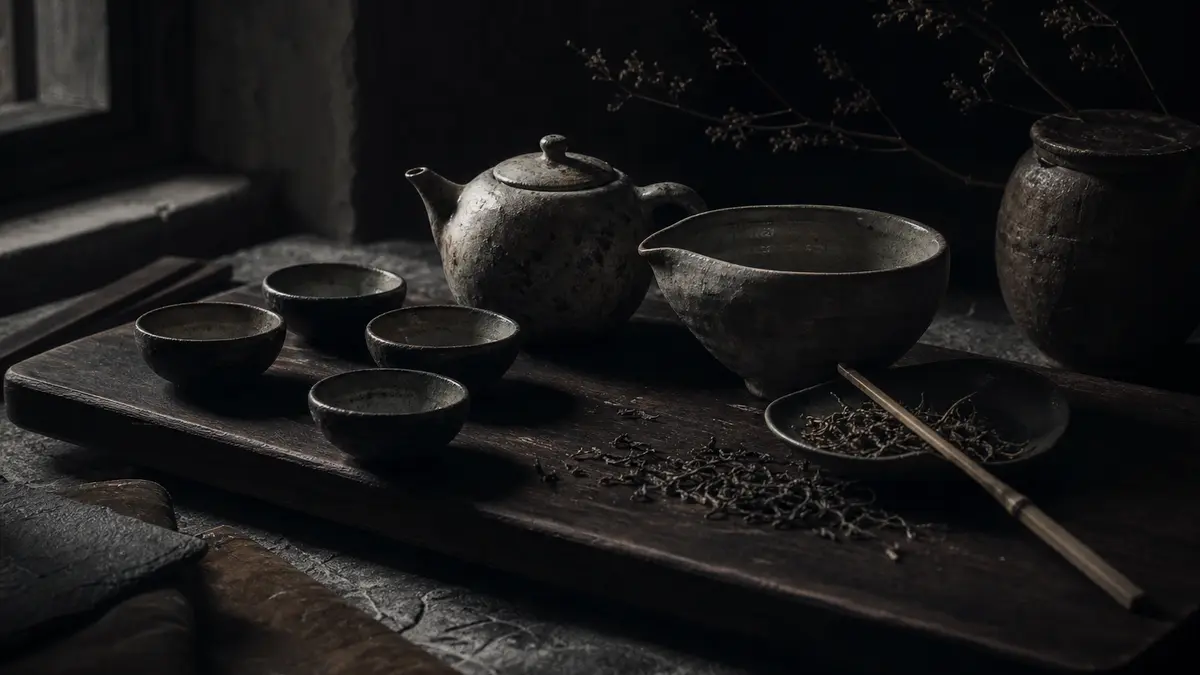 dark atmospheric editorial tea photograph, full Korean gongfu tea set arranged on dark wood board with stone gray slate 