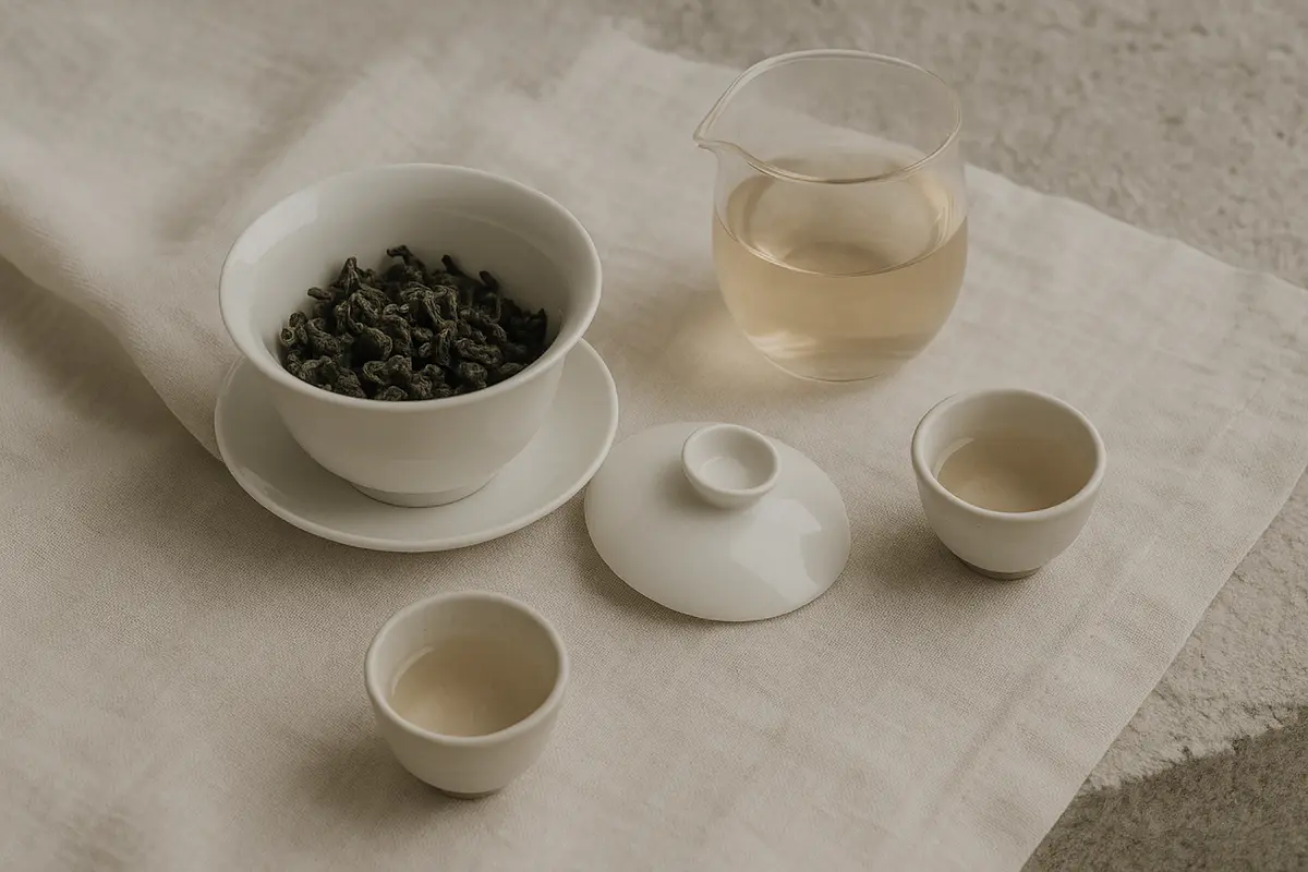 A simple gongfu tea setup with a white porcelain gaiwan, glass fairness pitcher with amber tea, and two small cups on cream linen