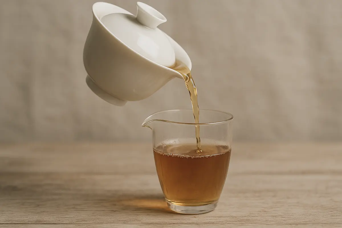 White porcelain gaiwan and golden tea liquor pouring into a glass fairness pitcher on aged wood