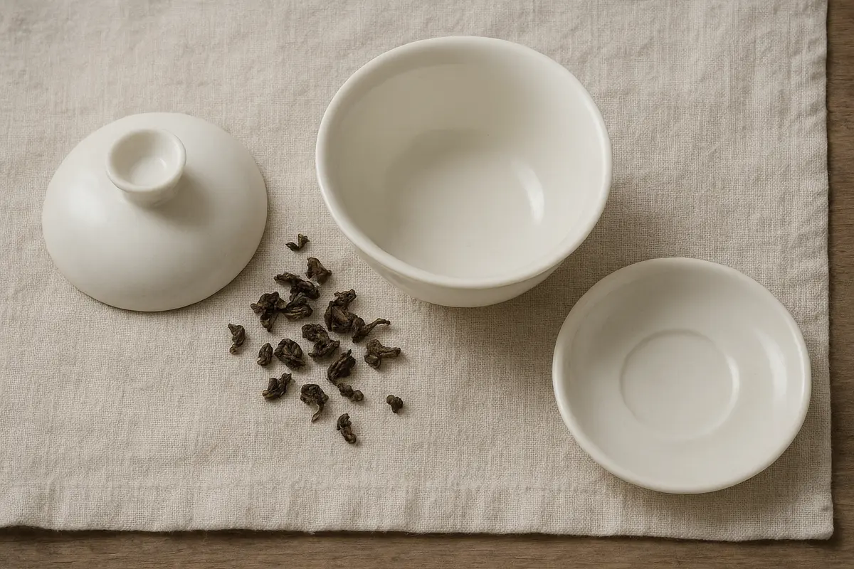 White porcelain gaiwan lid, bowl, and saucer arranged on cream linen with scattered dried tea leaves in soft natural light